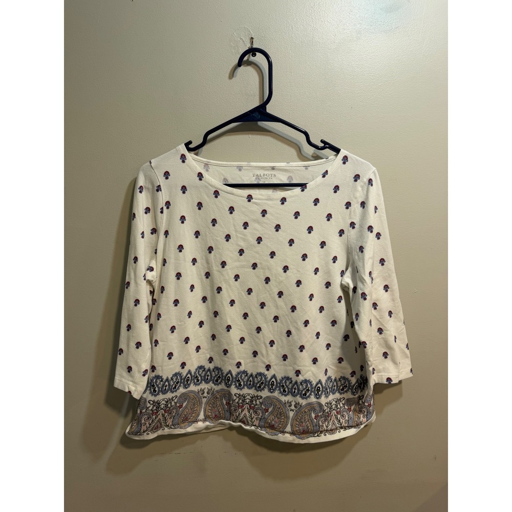 Talbots Petites Ivory Paisley Border Floral Boatneck Top 3/4 Sleeve LP 1401